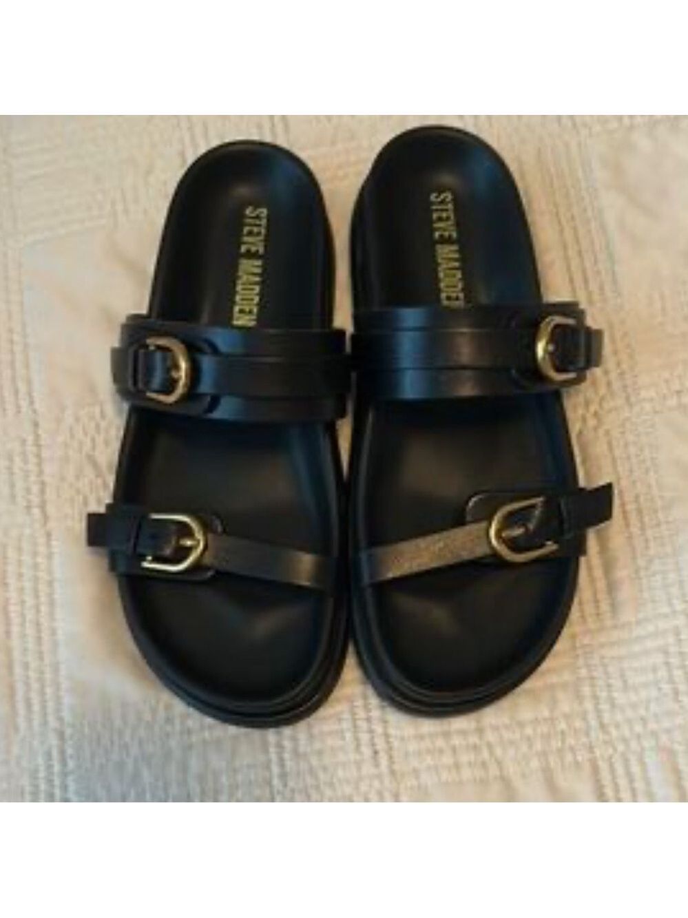 Steve Madden Black Slides with Gold Buckles